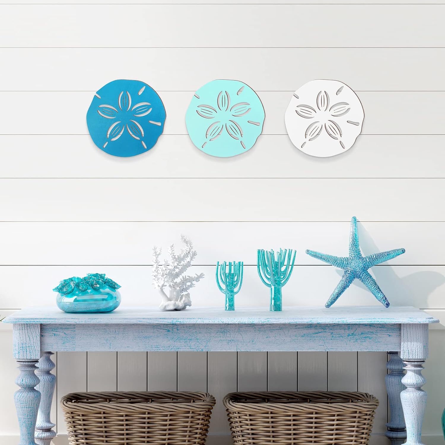 Jetec Sand Dollar Wall Decor 3 Pieces Wood Outdoor Coastal Wall Art Ocean Beach Sand Dollars Decor Wooden Sand Dollar Art Teal Seafoam Wall Decor for Home Bathroom Decor (Delicate Style) - Image 5